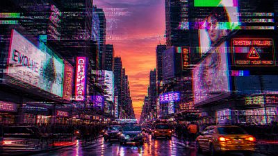 bustling city street panorama at dusk