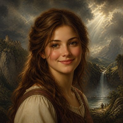 head-and-shoulders portrait of an original character: a young woman with wavy chestnut hair and a warm smile, plain soft backdrop