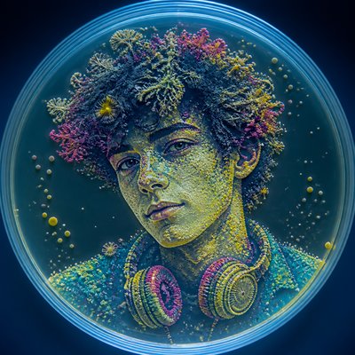 head-and-shoulders portrait of an original character: a young man with curly dark hair and headphones around his neck, plain backdrop, no text