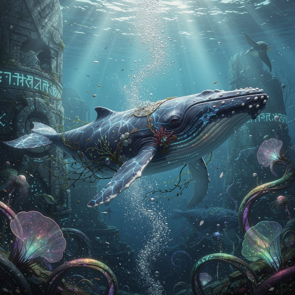 Generate an image using the Depths of the Sea Generator style: A majestic and mysterious blue whale gliding gracefully through a surreal ocean abyss. Its massive, sleek body glows with deep blues and silvers, textured with hyper-realistic skin details and subtle bioluminescent veins. Soft sunlight filters down from the distant surface, creating volumetric god rays that pierce the crystalline water. Delicate, glistening bubbles trail behind like sparkling jewels, refracting prismatic light in the ethereal clarity. The scene blends photorealistic whale anatomy with dreamlike surrealism—vast, shimmering depths, faint silhouettes of ancient sea life, and an aura of profound awe. High resolution, 8K, wide-angle cinematic view emphasizing the whale's immense scale and serene mystery.