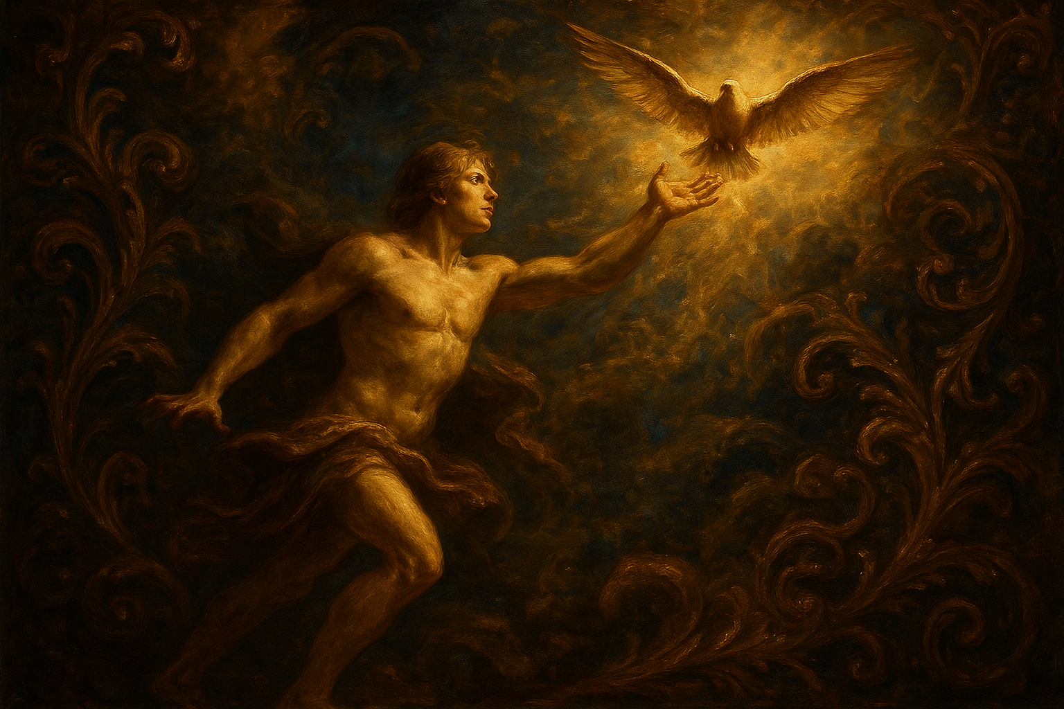 a painting of a man holding a bird in his hand