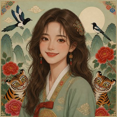 head-and-shoulders portrait of an original character: a young woman with wavy chestnut hair and a warm smile, plain soft backdrop