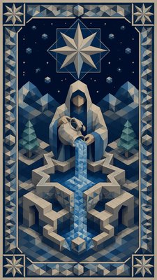 a robed figure pouring water beneath a large eight-pointed star in a night sky, symmetrical composition with an ornate decorative border, no text
