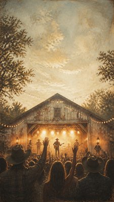 a live music scene with a glowing stage and silhouetted crowd, energetic vertical composition with open space at the top, no text