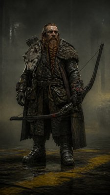full-body original character: a dwarven ranger with a braided auburn beard, worn leather armor, a longbow and a wolf-pelt cloak, neutral background, no text