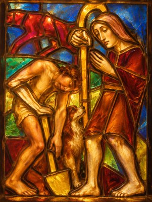 a painting of a woman and a man with a dog