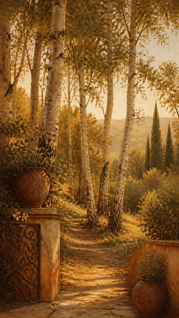 a serene birch forest in soft morning light, no people, no text