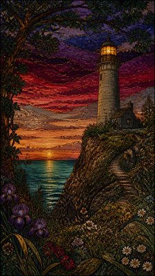 a lone lighthouse on a cliff at dusk under a dramatic sky, no text or lettering