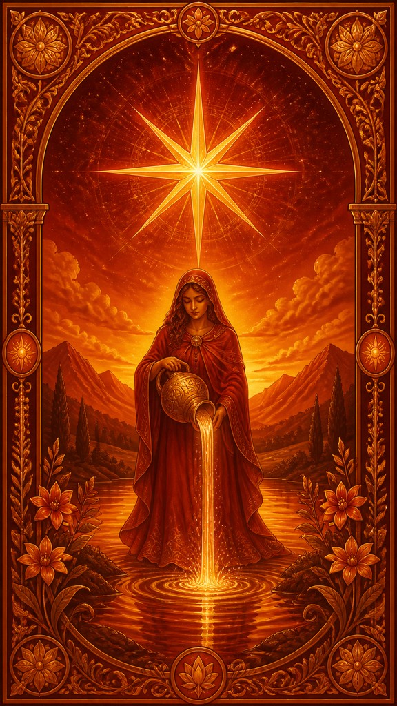 a robed figure pouring water beneath a large eight-pointed star in a night sky, symmetrical composition with an ornate decorative border, no text