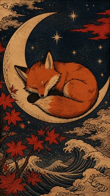 a sleeping baby fox curled on a crescent moon among soft stars, gentle and warm, no text
