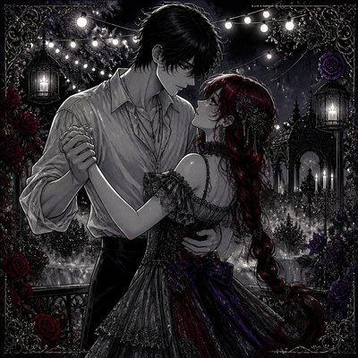 an original couple dancing under string lights in a garden at dusk: a man with short black hair in a linen shirt and a woman with braided red hair in a summer dress