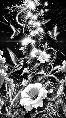 a climbing vine of flowers and hummingbirds on a dark background, tall wrapping composition, no text