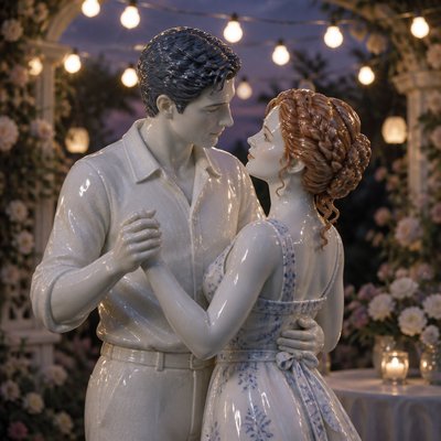 an original couple dancing under string lights in a garden at dusk: a man with short black hair in a linen shirt and a woman with braided red hair in a summer dress