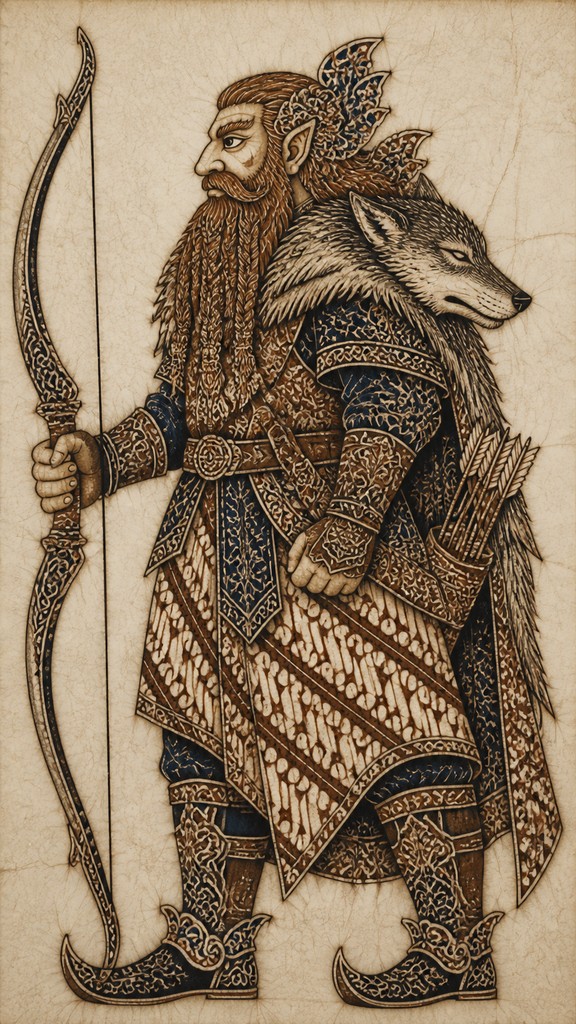 full-body original character: a dwarven ranger with a braided auburn beard, worn leather armor, a longbow and a wolf-pelt cloak, neutral background, no text