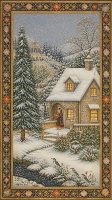 a snow-covered cottage with warm glowing windows beside a decorated pine tree, gentle snowfall, no text