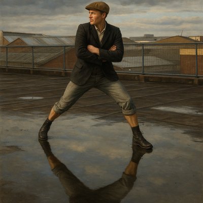 a painting of a man standing in the rain
