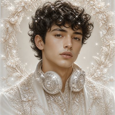 head-and-shoulders portrait of an original character: a young man with curly dark hair and headphones around his neck, plain backdrop, no text