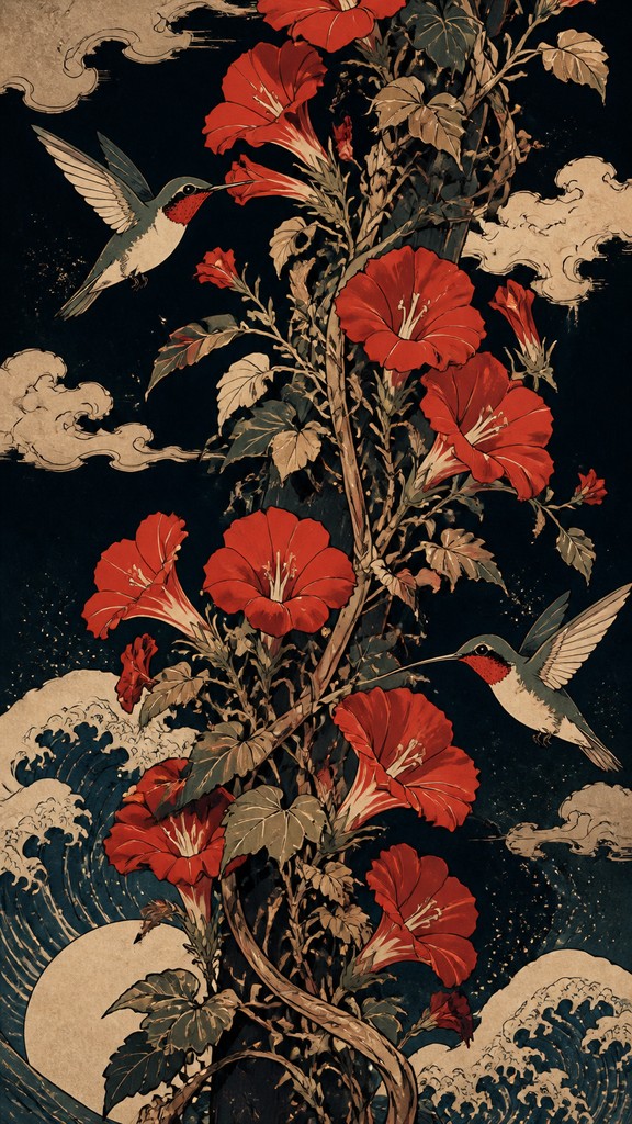 a climbing vine of flowers and hummingbirds on a dark background, tall wrapping composition, no text