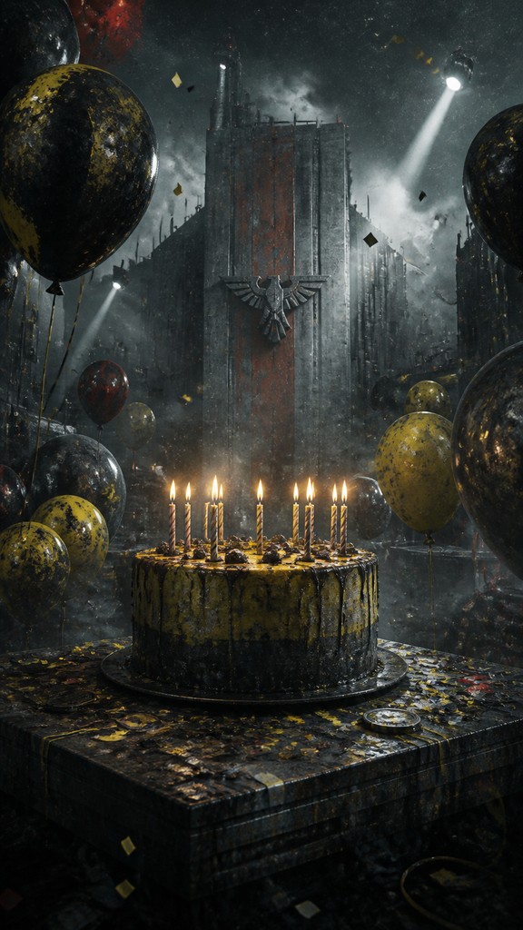 a birthday cake with lit candles surrounded by balloons and confetti, festive vertical composition, no text