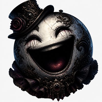 an exaggerated laughing face of an original round mascot character, bold and readable at small size, plain background, no text