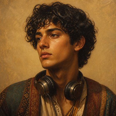 head-and-shoulders portrait of an original character: a young man with curly dark hair and headphones around his neck, plain backdrop, no text