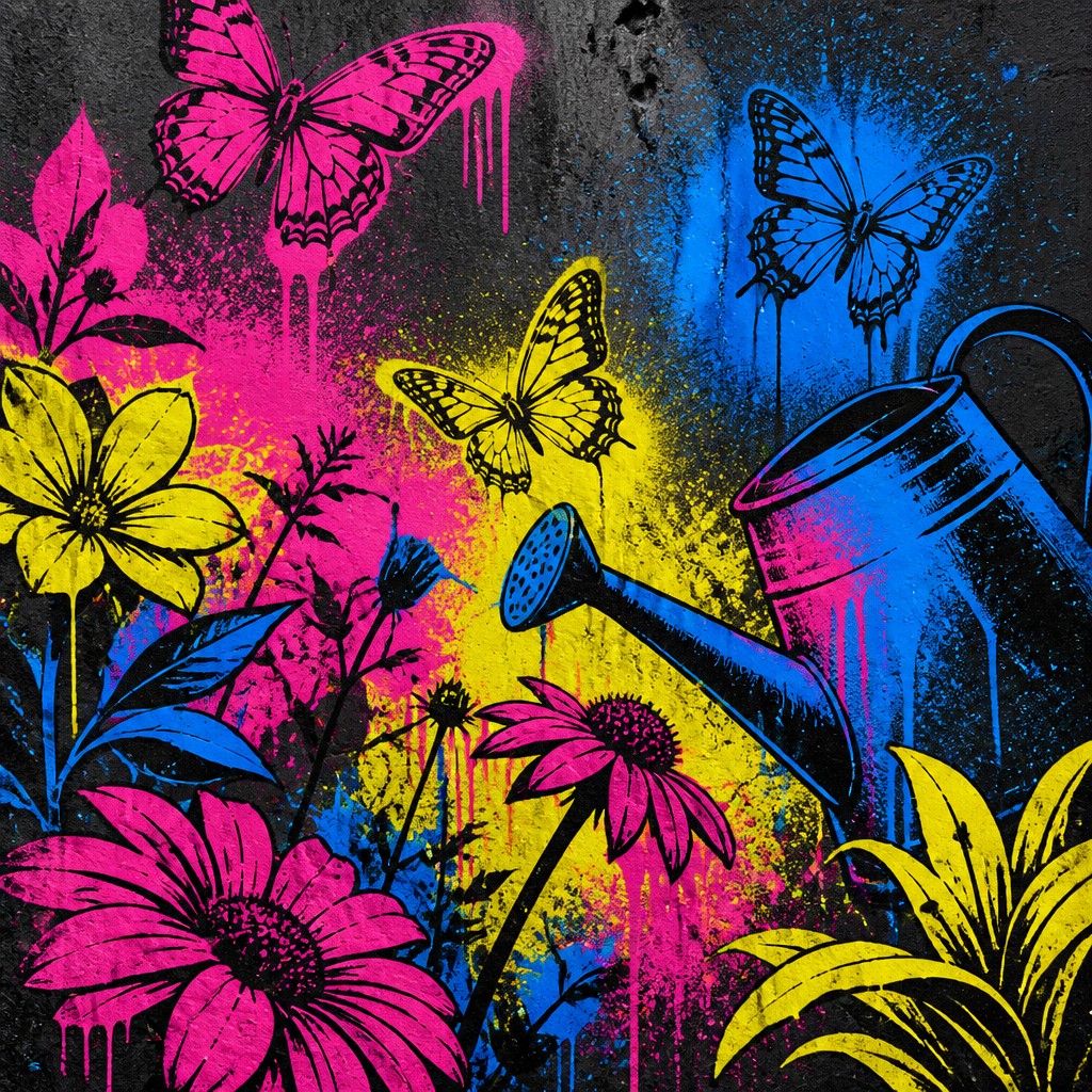 a garden scene with butterflies, flowers and a watering can, clean uncolored line art, no text