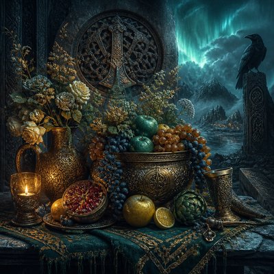 still life arrangement of fruits and flowers
