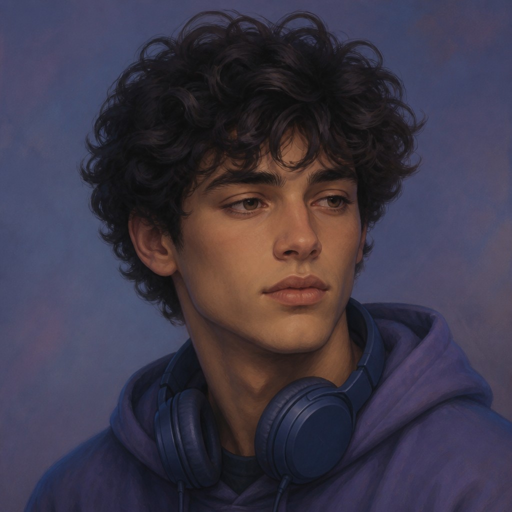 head-and-shoulders portrait of an original character: a young man with curly dark hair and headphones around his neck, plain backdrop, no text