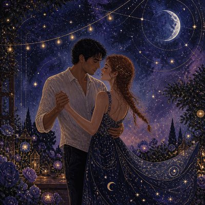 an original couple dancing under string lights in a garden at dusk: a man with short black hair in a linen shirt and a woman with braided red hair in a summer dress