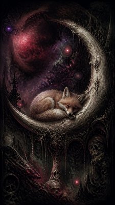a sleeping baby fox curled on a crescent moon among soft stars, gentle and warm, no text