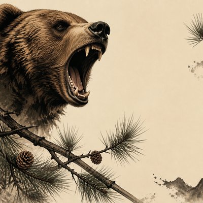 a roaring bear head above crossed pine branches, bold graphic composition on a plain background, no text