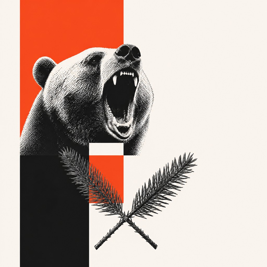 a roaring bear head above crossed pine branches, bold graphic composition on a plain background, no text