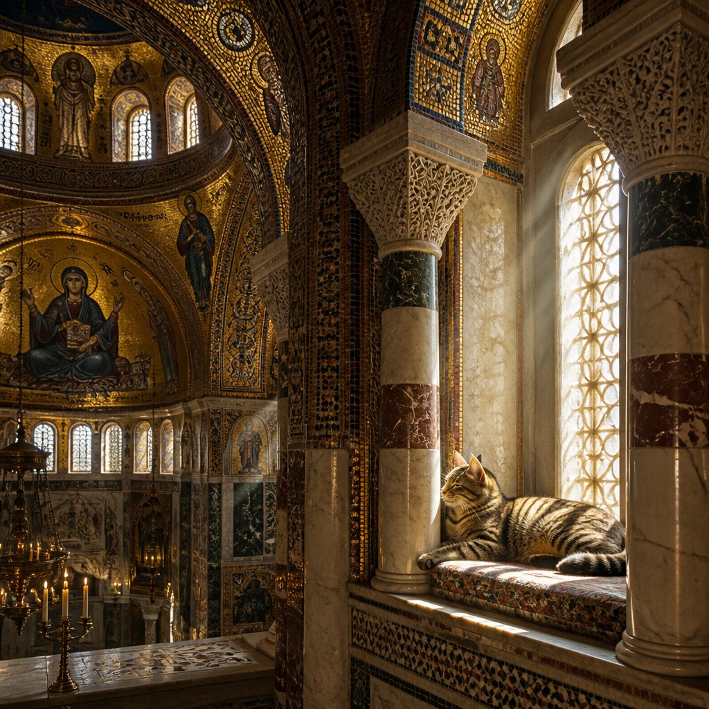 a cat lounging in a sunlit window — Byzantine Architecture