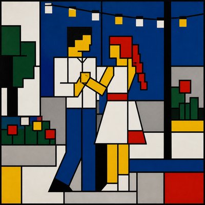 an original couple dancing under string lights in a garden at dusk: a man with short black hair in a linen shirt and a woman with braided red hair in a summer dress