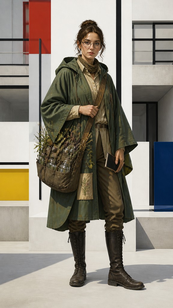 full-body original character: a wandering botanist with a satchel of plants, a patched green cloak, tall boots and round glasses, neutral background