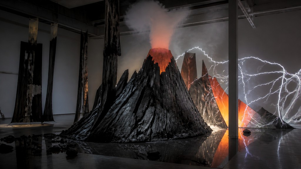 an erupting volcano with lightning strikes, dramatic wide composition, no text
