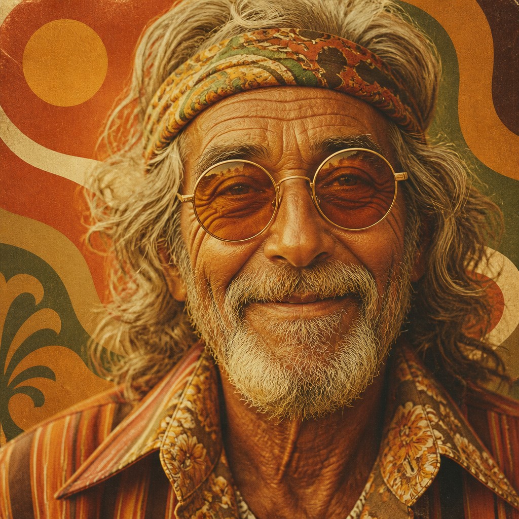 close-up portrait of an elderly person with expressive weathered features — 70s Retro Aesthetic