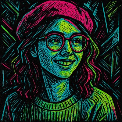 Neon Noir Woodcut Style Transfer Example