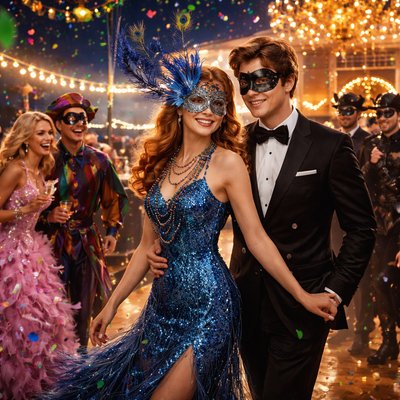 Elegant Mardi Gras party at the Silver Yacht Club in New Orleans at night from Nancy Drew book #81 The Mardi Gras Mystery. Luxurious yacht club deck or ballroom overlooking water, twinkling lights and purple/green/gold decorations, colorful beads and confetti in the air. Teenage detective Nancy Drew in center, reddish-blonde hair, wearing a sparkling blue masquerade gown with feathered mask, beads, and a determined yet smiling expression, dancing or mingling. Ned Nickerson beside her in a dashing tuxedo or masked costume, arm around her. Bess Marvin (blonde, glamorous) in a pink feathered ball gown laughing with George Fayne (short dark hair) in a fun jester or adventurous outfit. Brian Seaton and his father in partial bat-themed costumes with capes and masks nearby. Background: masked guests in elaborate gowns, tuxedos, and festive attire, live jazz band playing trumpets and saxophones, yacht masts or water view, chandeliers or string lights glowing, subtle suspenseful shadows hinting at mystery. Vibrant 1980s Nancy Drew book illustration style, adventurous festive atmosphere, detailed costumes, cinematic lighting with warm golden hues and colorful pops, high energy party scene

