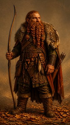full-body original character: a dwarven ranger with a braided auburn beard, worn leather armor, a longbow and a wolf-pelt cloak, neutral background, no text