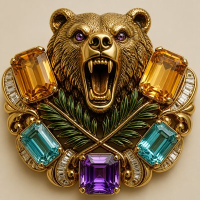 a roaring bear head above crossed pine branches, bold graphic composition on a plain background, no text