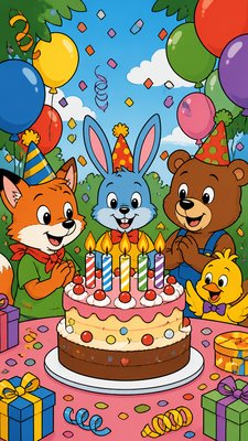 a birthday cake with lit candles surrounded by balloons and confetti, festive vertical composition, no text