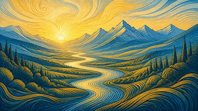 a vast valley with a river winding toward distant mountains at sunrise, no people, no text