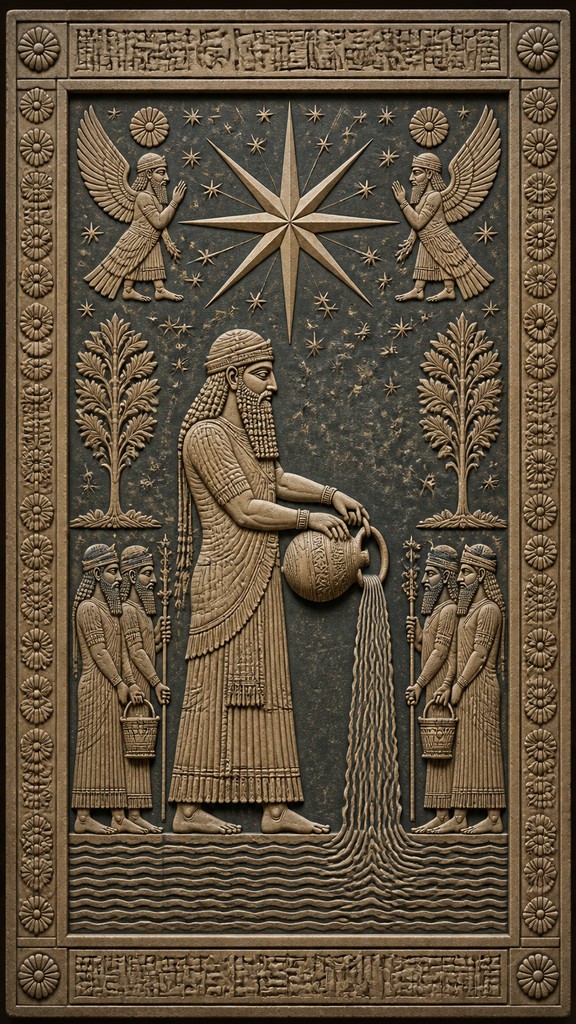 a robed figure pouring water beneath a large eight-pointed star in a night sky, symmetrical composition with an ornate decorative border, no text