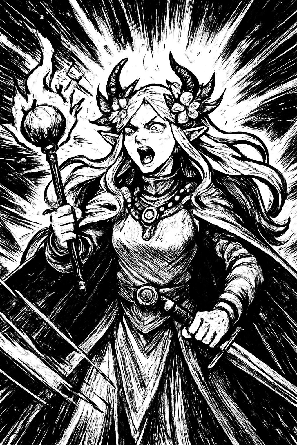 a black and white drawing of a woman holding two torches