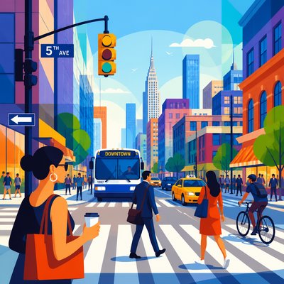 urban street with city activity — Vector Digital Art Style