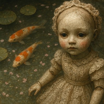 A koi pond seen from above, orange and white koi fish swimming among lily pads, clear water with subtle ripples, fallen cherry blossom petals floating on the surface, dappled sunlight