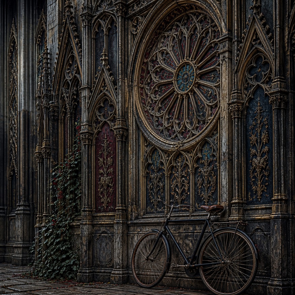 bicyle resting against a wall — Gothic Architecture Art