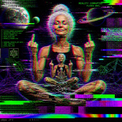 A fit older woman (50, white hair in bun on top of head) in a meditative yoga pose meditating while giving double middle fingers. celestial objects in background. 
