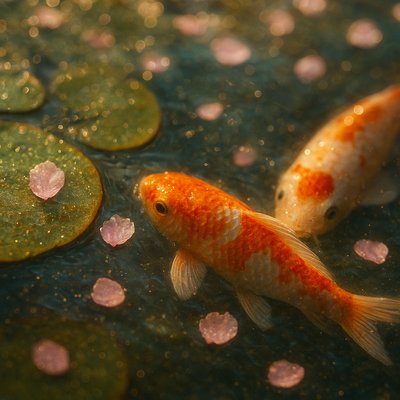 A koi pond seen from above, orange and white koi fish swimming among lily pads, clear water with subtle ripples, fallen cherry blossom petals floating on the surface, dappled sunlight